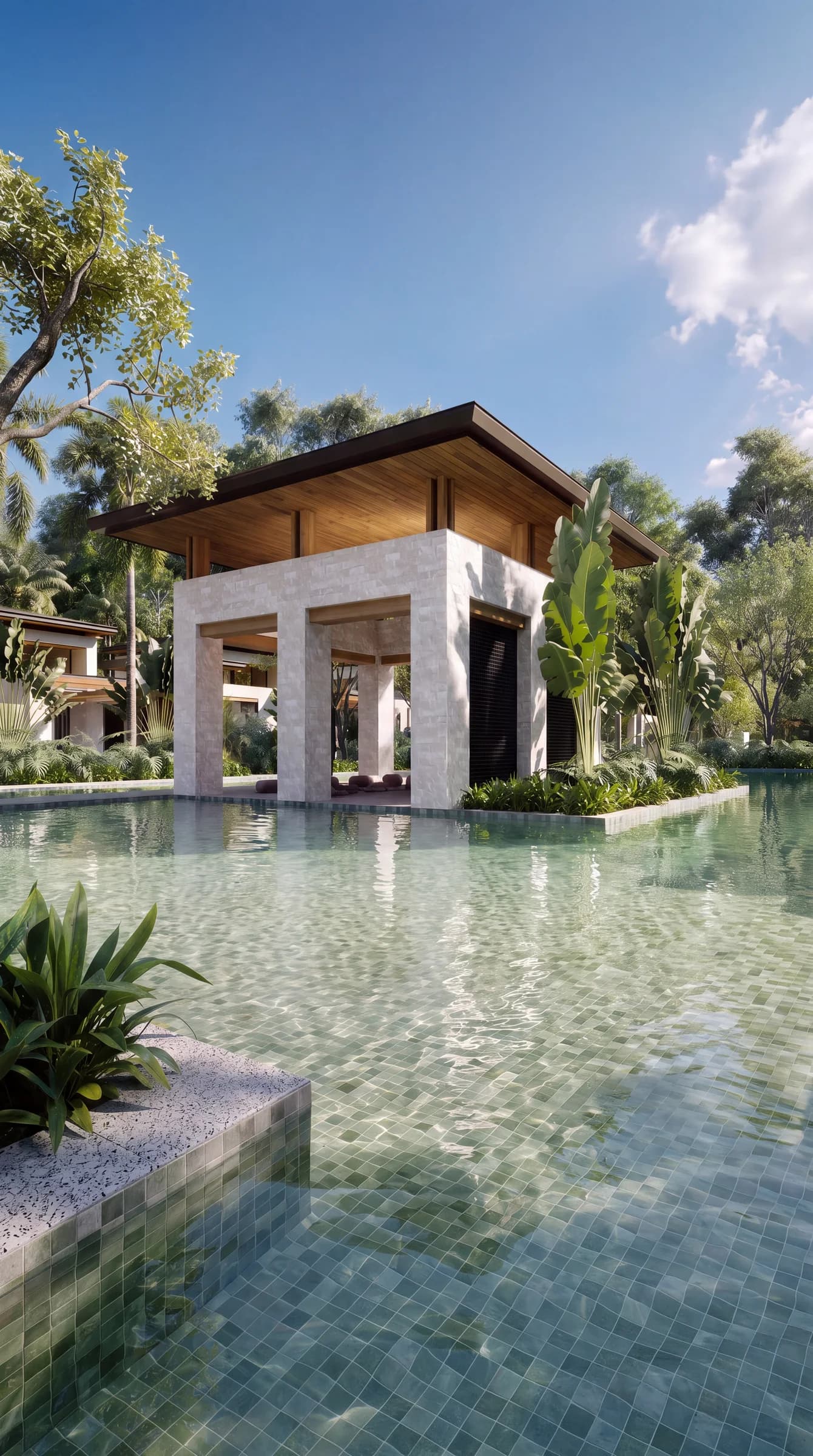 Portrait view of the children's pool and pavilion